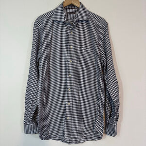 PETER MILLAR Cotton Long Sleeve Button-Down Shirt Blue Brown Check Size Large